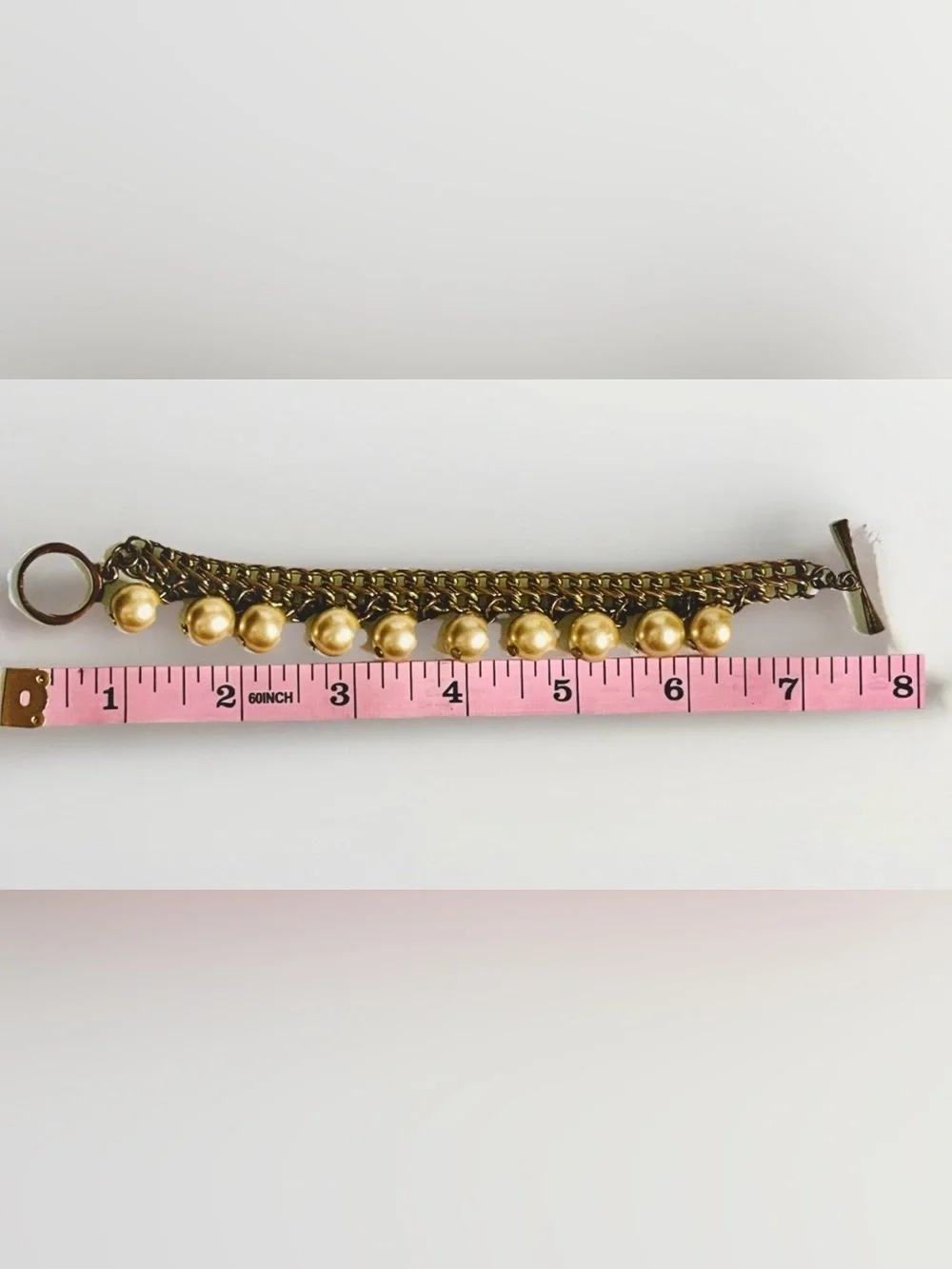 Vintage AVON Goldtone Bracelet Champagne Faux Pearl Dangle with Toggle Clasp 7